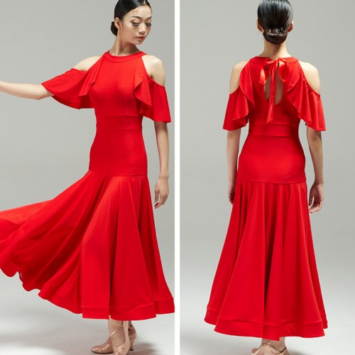 Black red ruffles neck ballroom dancing dresses for women girls waltz tango foxtrot smooth dance long gown for female